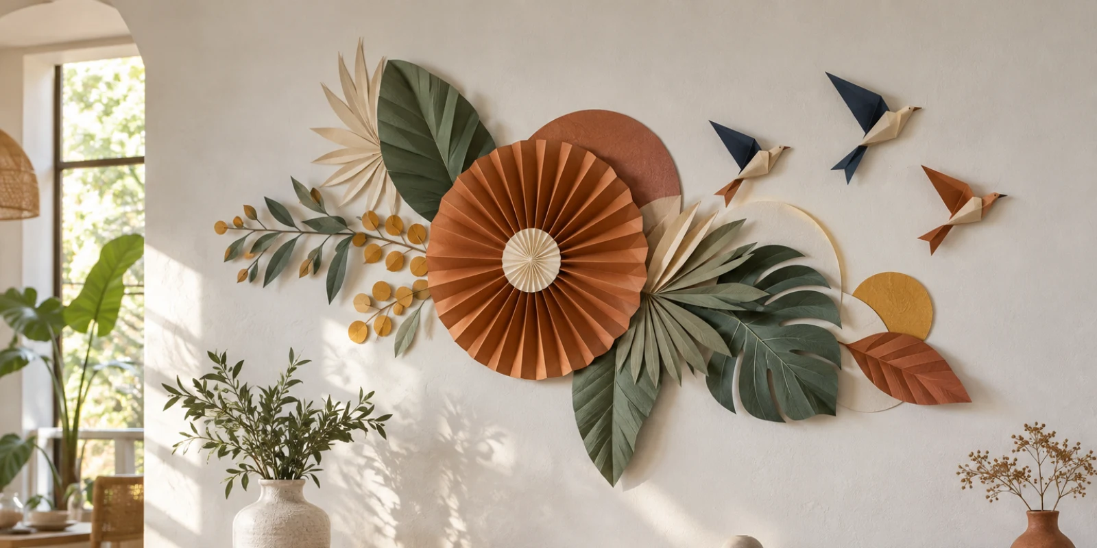 Rosace, feuillages et oiseaux en papier 3D composés sur un mur clair