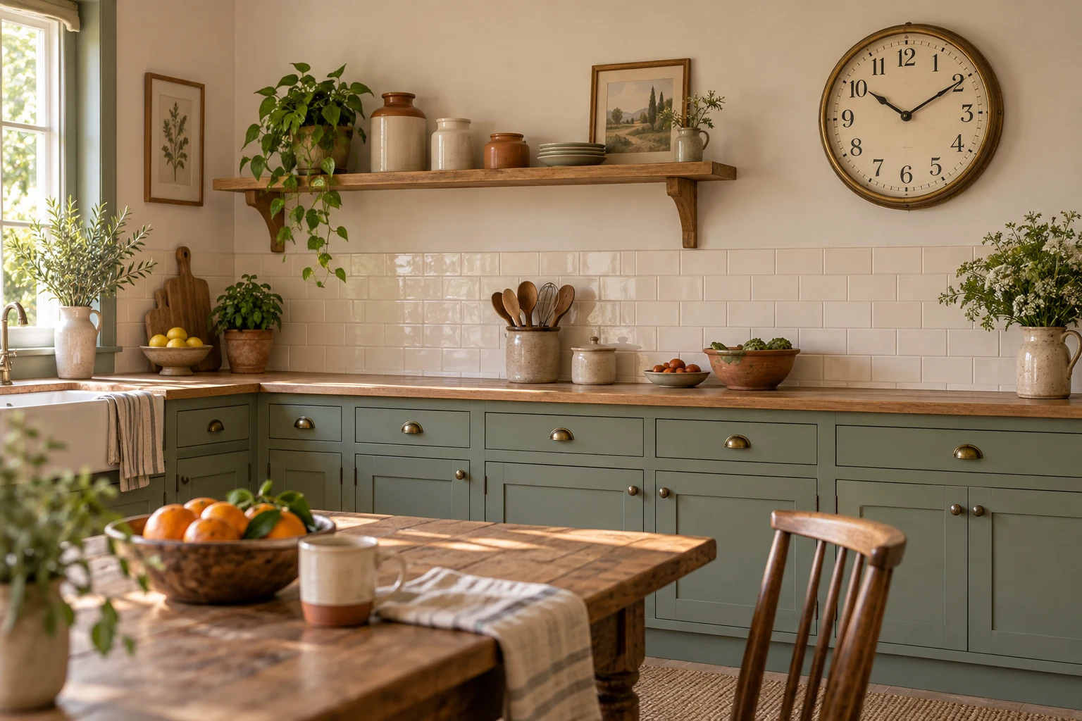 Cuisine rétro vert sauge avec horloge murale vintage à cadran crème et cerclage laiton