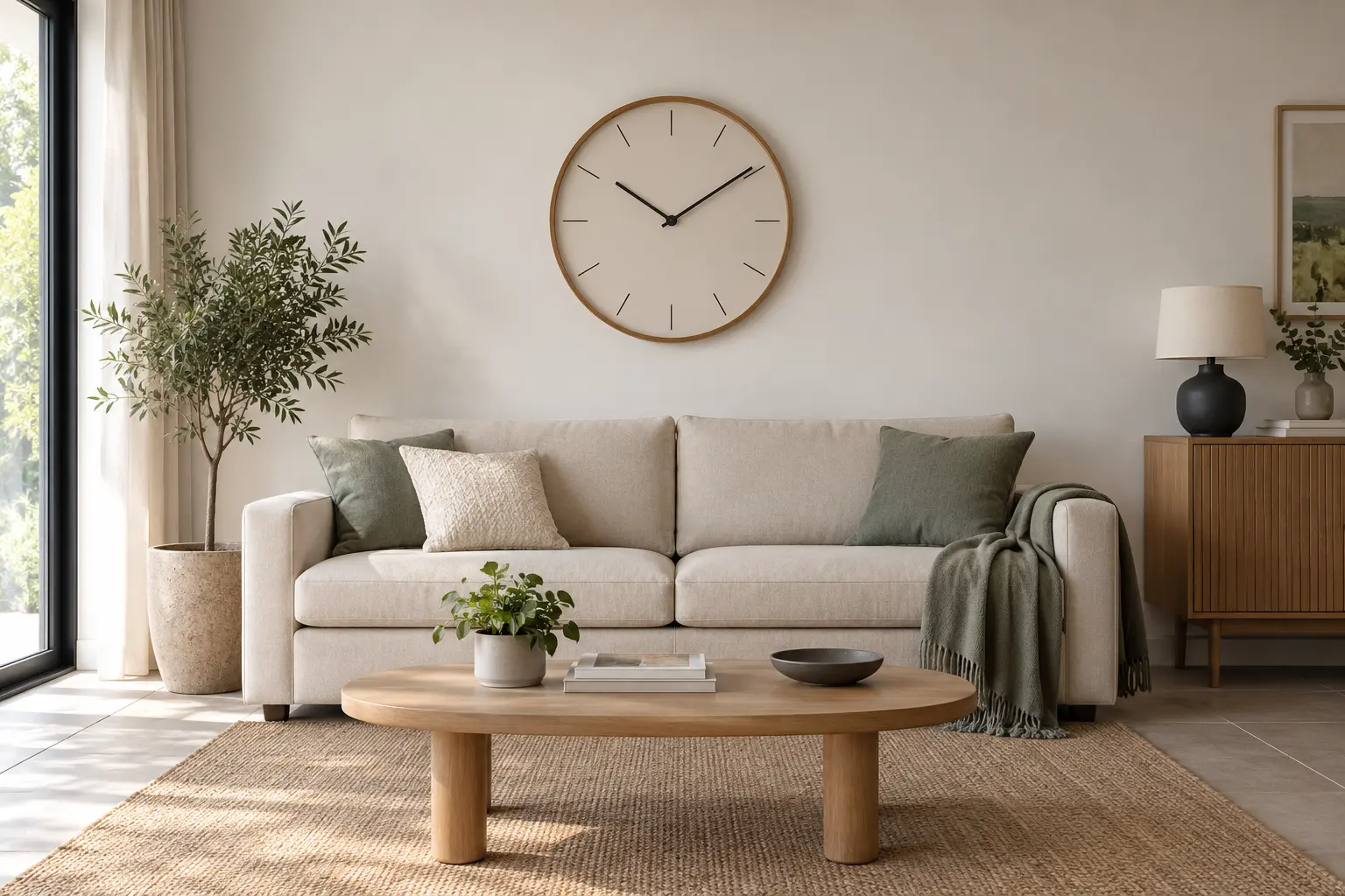 Horloge murale proportionnée à la largeur d’un canapé dans un salon