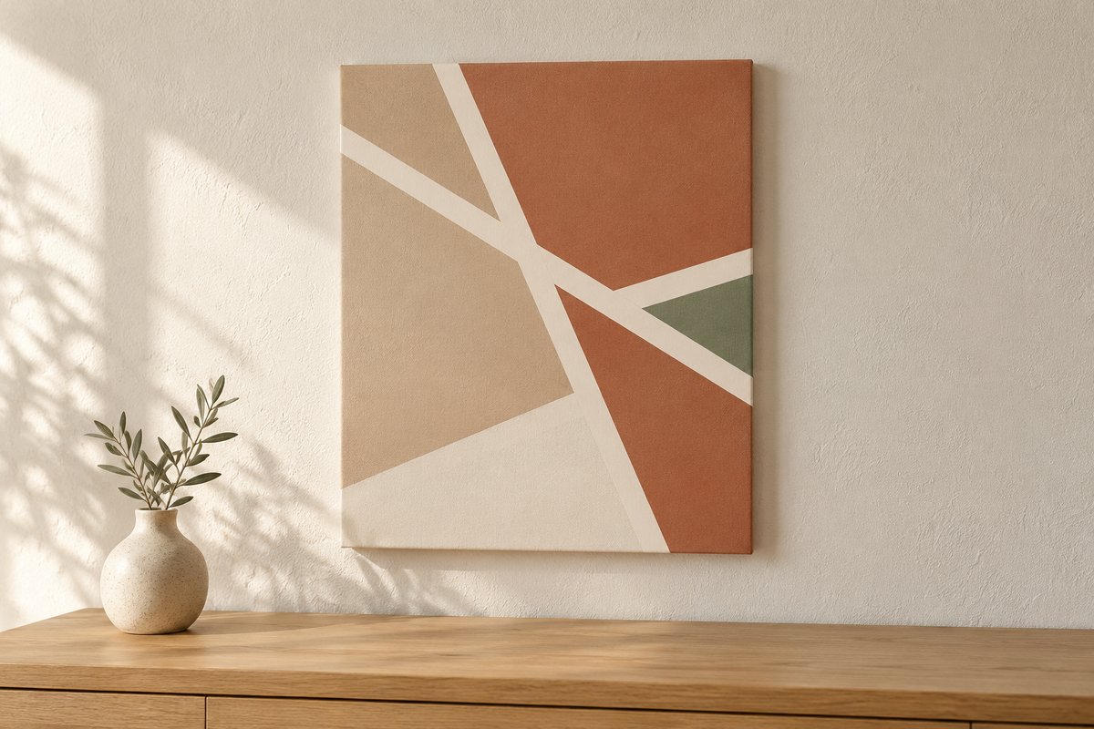 Tableau géométrique fait maison en aplats terracotta et beige au-dessus d'une console