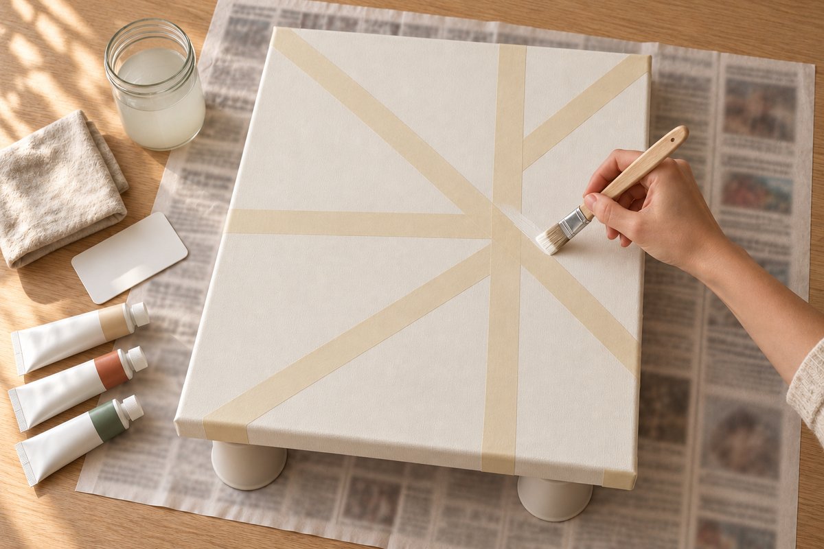 Pinceau plat scellant le bord d'un ruban de masquage sur une toile blanche