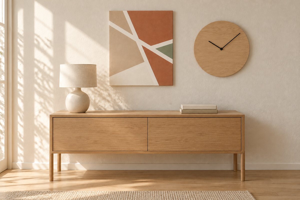 Tableau géométrique fait main et horloge murale ronde au-dessus d'une console en chêne
